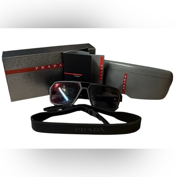 PRADA LINEA ROSSA sunglasses dark grey mirror blue/red black rubber unisex 59W - Picture 1 of 16